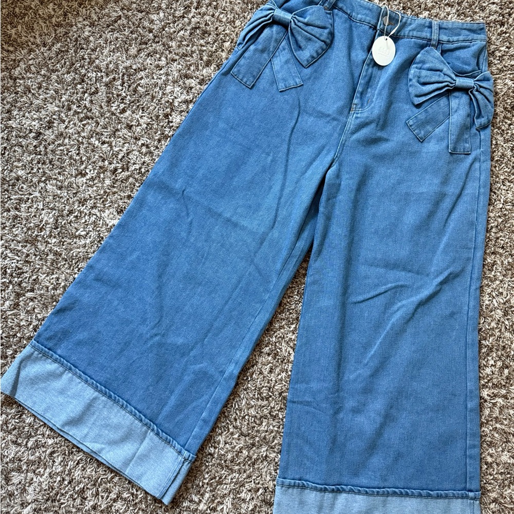 Women's Blue Wide-Leg Jeans with Bow Details